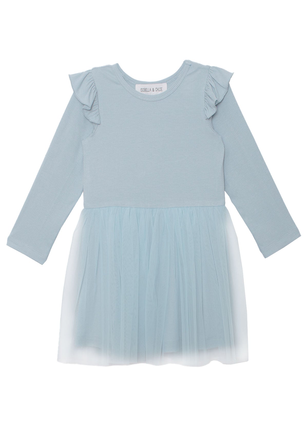 The Isobella and Chloe Tutu in the Clouds Dress has a ribbed long-sleeve bodice, ruffled shoulders, and a light blue tulle skirt—creating an elegant look that's ideal for special occasions.