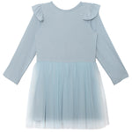 The Tutu in the Clouds Dress by Isobella and Chloe features a long-sleeved ribbed bodice with ruffle details and a dreamy light blue tulle skirt—perfect for bringing whimsical charm to your child’s wardrobe.