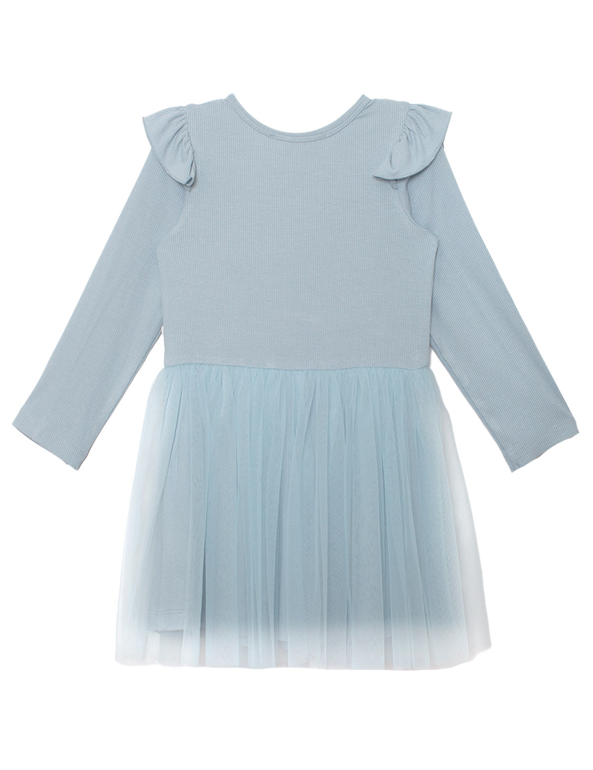 The Tutu in the Clouds Dress by Isobella and Chloe features a long-sleeved ribbed bodice with ruffle details and a dreamy light blue tulle skirt—perfect for bringing whimsical charm to your child’s wardrobe.