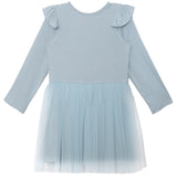 The Tutu in the Clouds Dress by Isobella and Chloe features a long-sleeved ribbed bodice with ruffle details and a dreamy light blue tulle skirt—perfect for bringing whimsical charm to your child’s wardrobe.