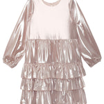 The Golden Glow Long Sleeve Dress by Isobella and Chloe is a metallic pink special occasion dress with a round neckline, three-tiered ruffle skirt, gathered sleeves with elastic cuffs, and a back button closure.