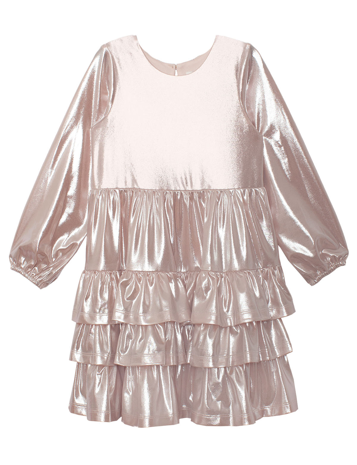 The Golden Glow Long Sleeve Dress by Isobella and Chloe is a metallic pink special occasion dress with a round neckline, three-tiered ruffle skirt, gathered sleeves with elastic cuffs, and a back button closure.