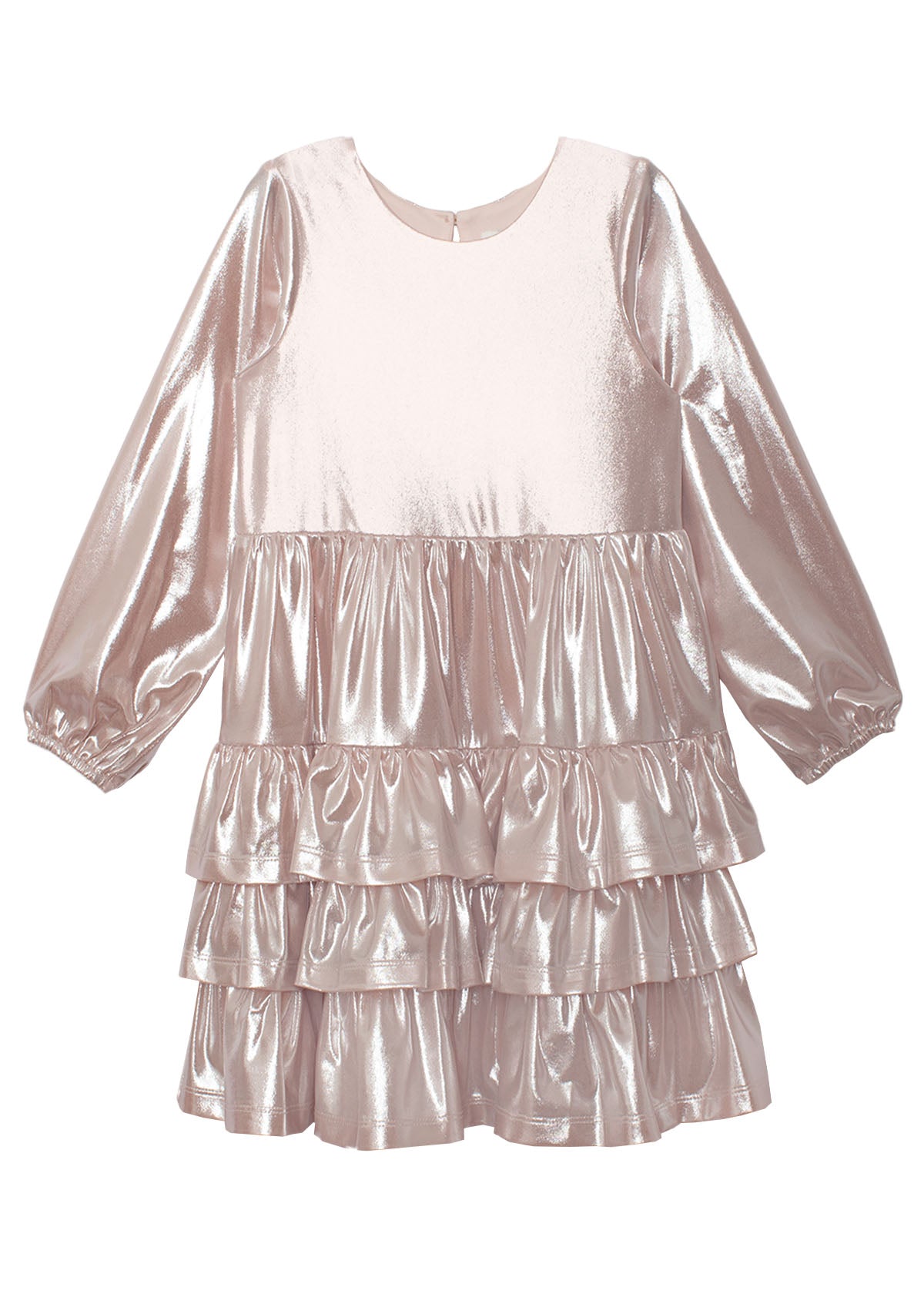 The Golden Glow Long Sleeve Dress by Isobella and Chloe is a metallic pink special occasion dress with a round neckline, three-tiered ruffle skirt, gathered sleeves with elastic cuffs, and a back button closure.