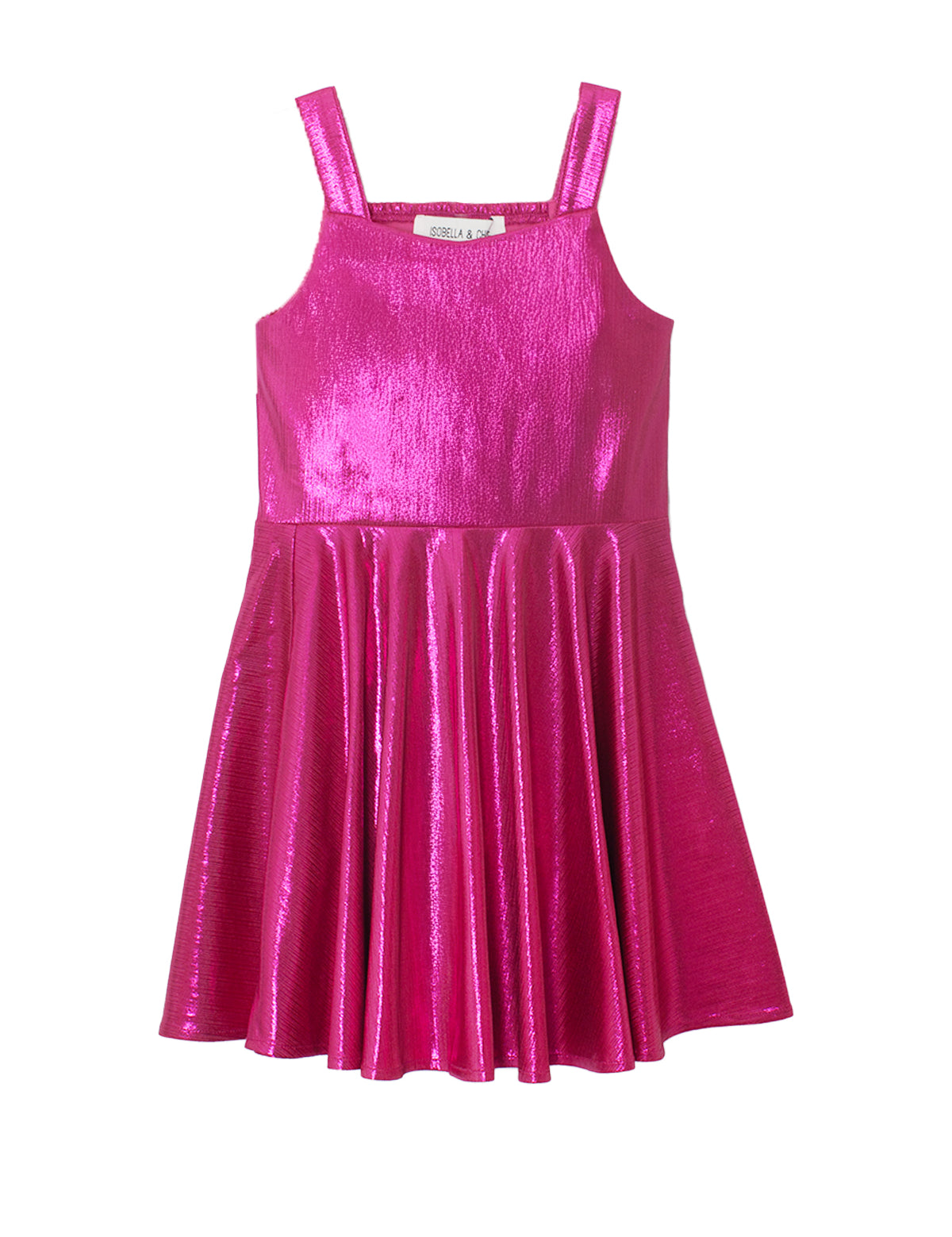 The Isobella and Chloe Glitterball Shimmering Sleeveless Dress features a metallic fuchsia look, flared skirt, shoulder straps, and shines in hot pink on a white background.