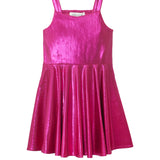 The Isobella and Chloe Glitterball Shimmering Sleeveless Dress features a metallic fuchsia look, flared skirt, shoulder straps, and shines in hot pink on a white background.