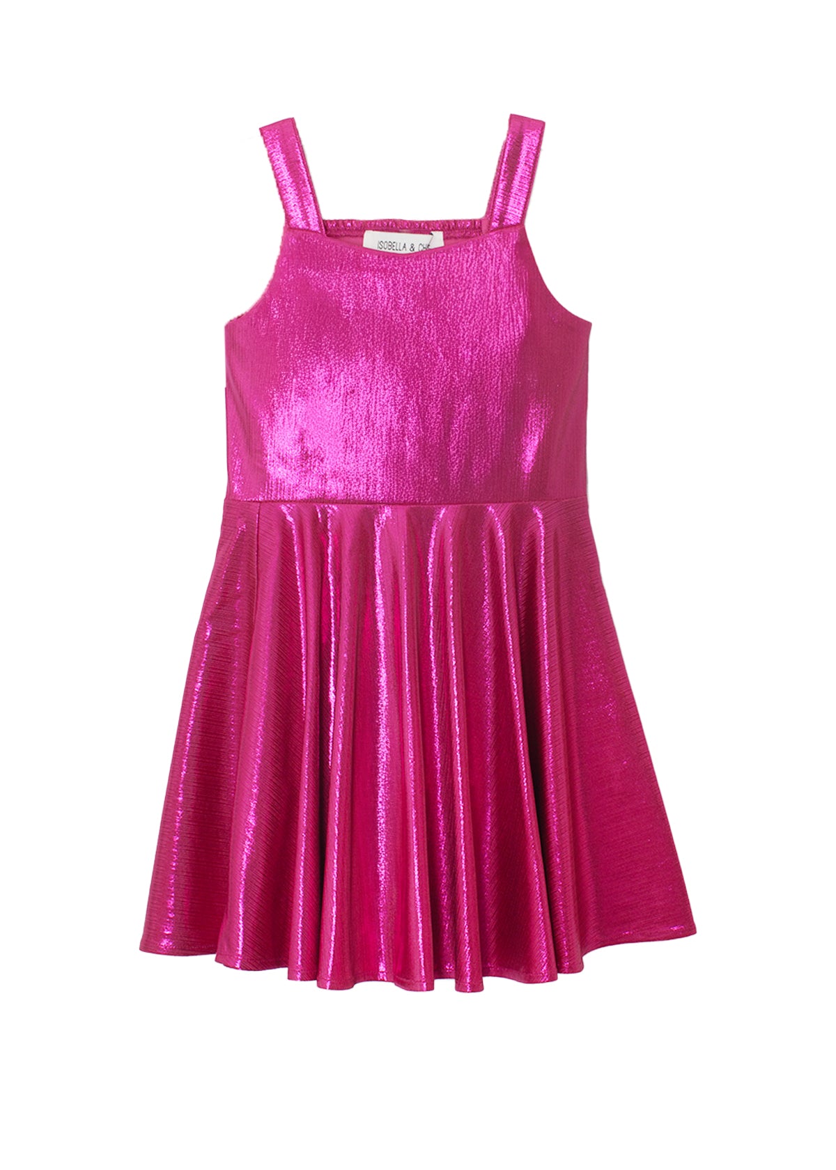The Isobella and Chloe Glitterball Shimmering Sleeveless Dress features a metallic fuchsia look, flared skirt, shoulder straps, and shines in hot pink on a white background.