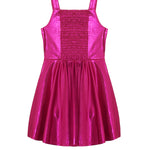 The Isobella and Chloe Glitterball Shimmering Sleeveless Dress, featuring a metallic fuchsia finish, shoulder straps, smocked bodice, and flared skirt, is shown on a white background.