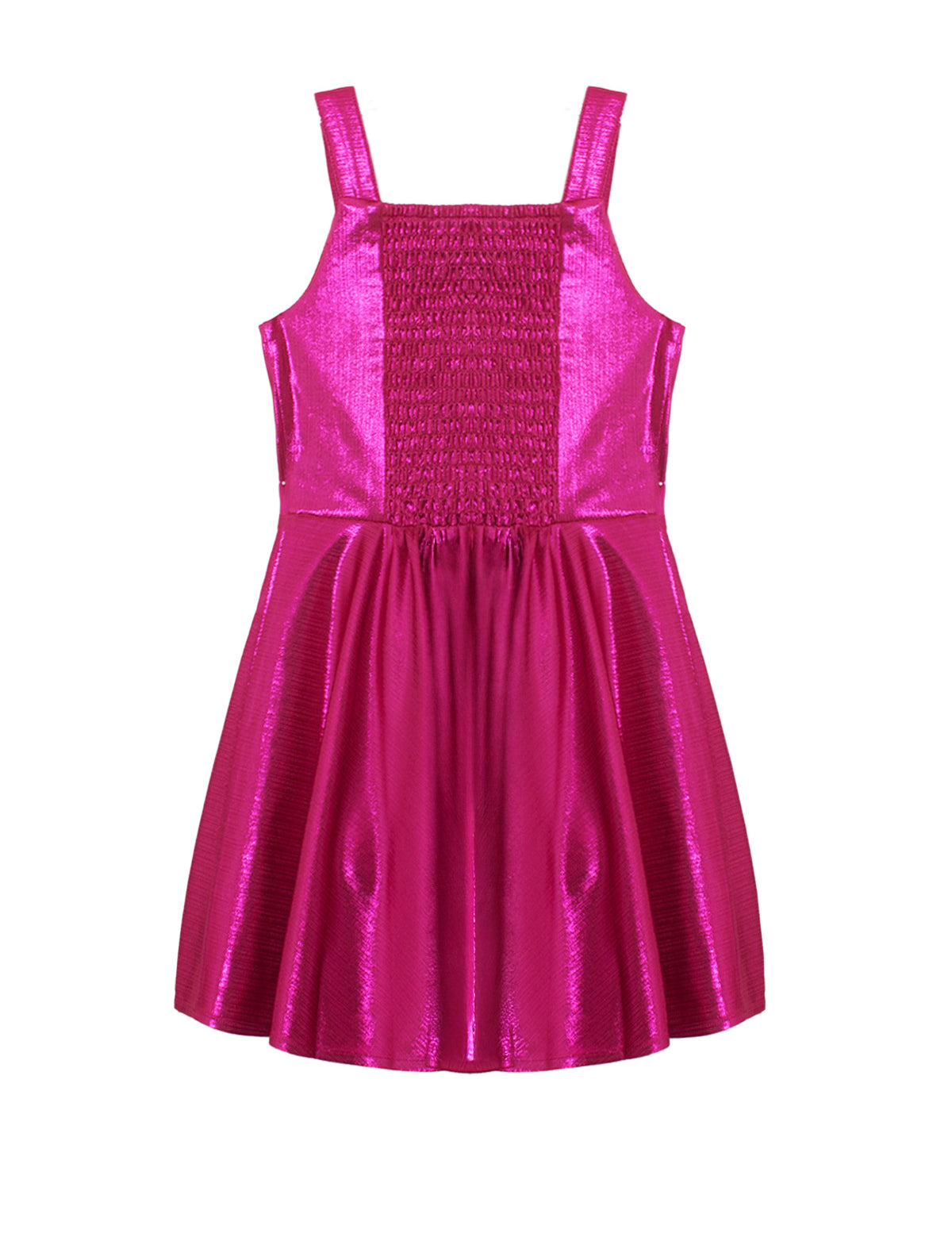 The Isobella and Chloe Glitterball Shimmering Sleeveless Dress, featuring a metallic fuchsia finish, shoulder straps, smocked bodice, and flared skirt, is shown on a white background.