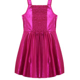 The Isobella and Chloe Glitterball Shimmering Sleeveless Dress, featuring a metallic fuchsia finish, shoulder straps, smocked bodice, and flared skirt, is shown on a white background.