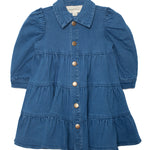 The Mabel and Honey Denim Days Tiered Dress is a stylish blue denim girls' dress with buttons, perfect for any occasion.