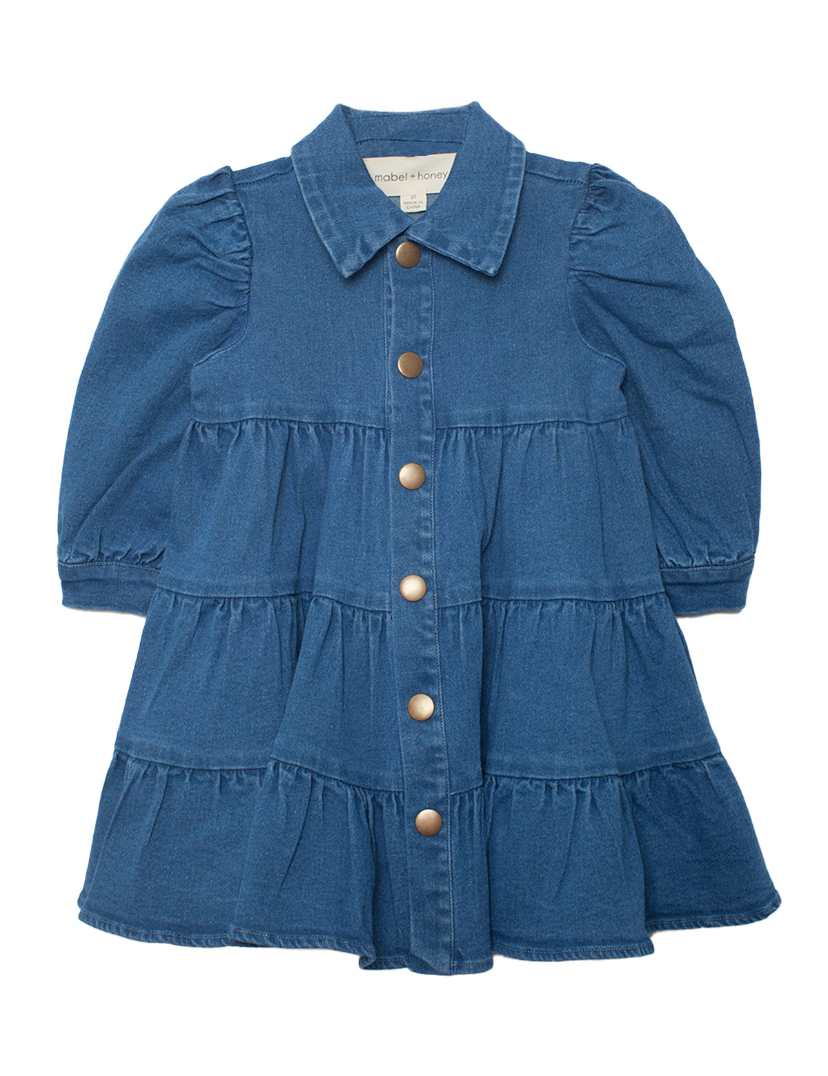The Mabel and Honey Denim Days Tiered Dress is a stylish blue denim girls' dress with buttons, perfect for any occasion.
