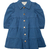 The Mabel and Honey Denim Days Tiered Dress is a stylish blue denim girls' dress with buttons, perfect for any occasion.