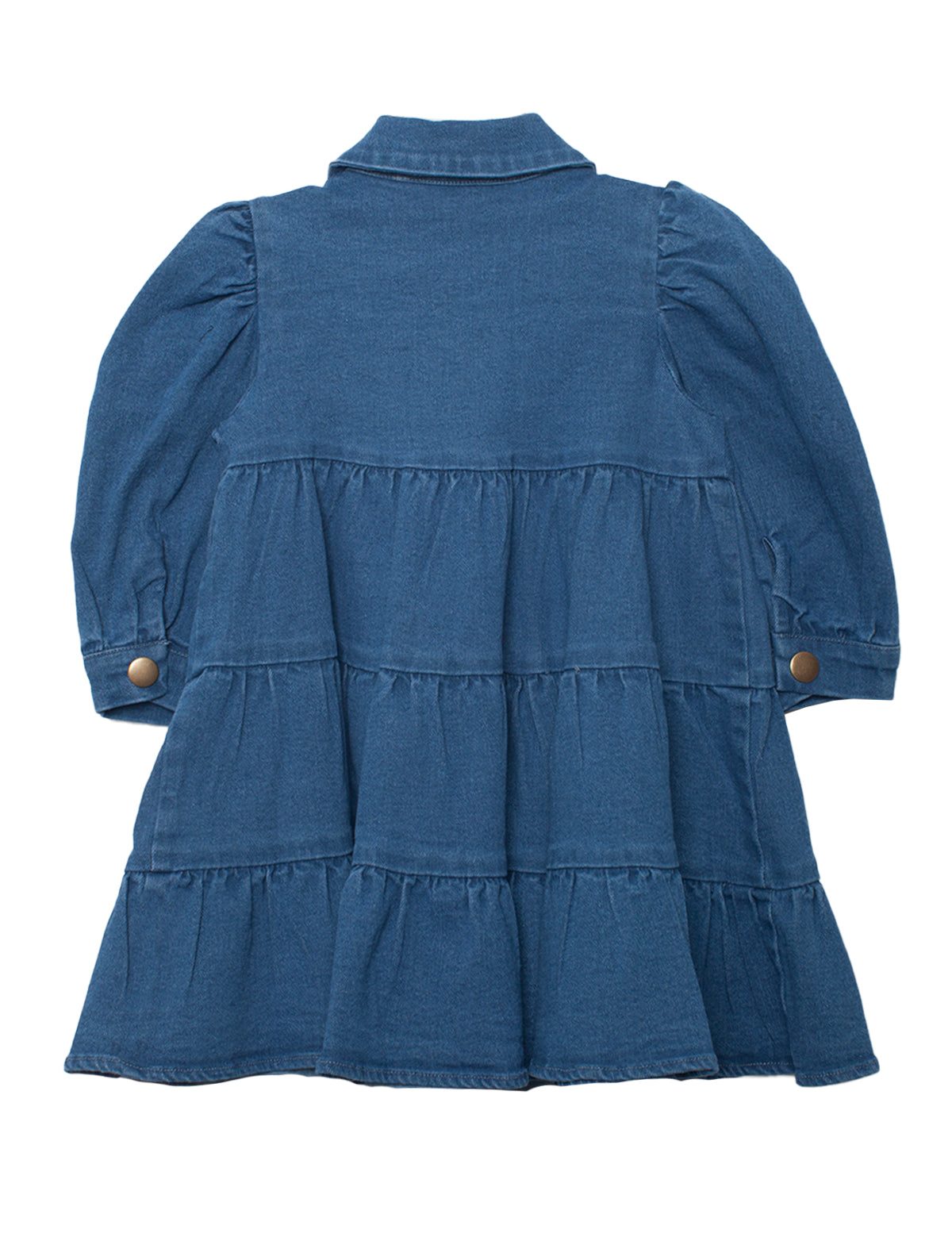 The Denim Days Tiered Dress by Mabel and Honey is a girls’ long-sleeved blue denim dress with a collar, buttoned cuffs, and a flared tiered skirt, shown flat with the back side facing up.