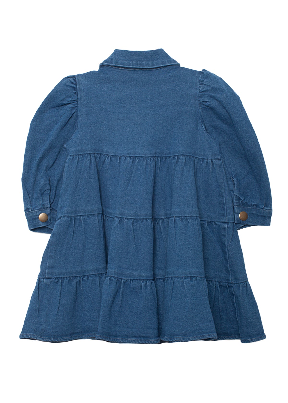 The Denim Days Tiered Dress by Mabel and Honey is a girls’ long-sleeved blue denim dress with a collar, buttoned cuffs, and a flared tiered skirt, shown flat with the back side facing up.