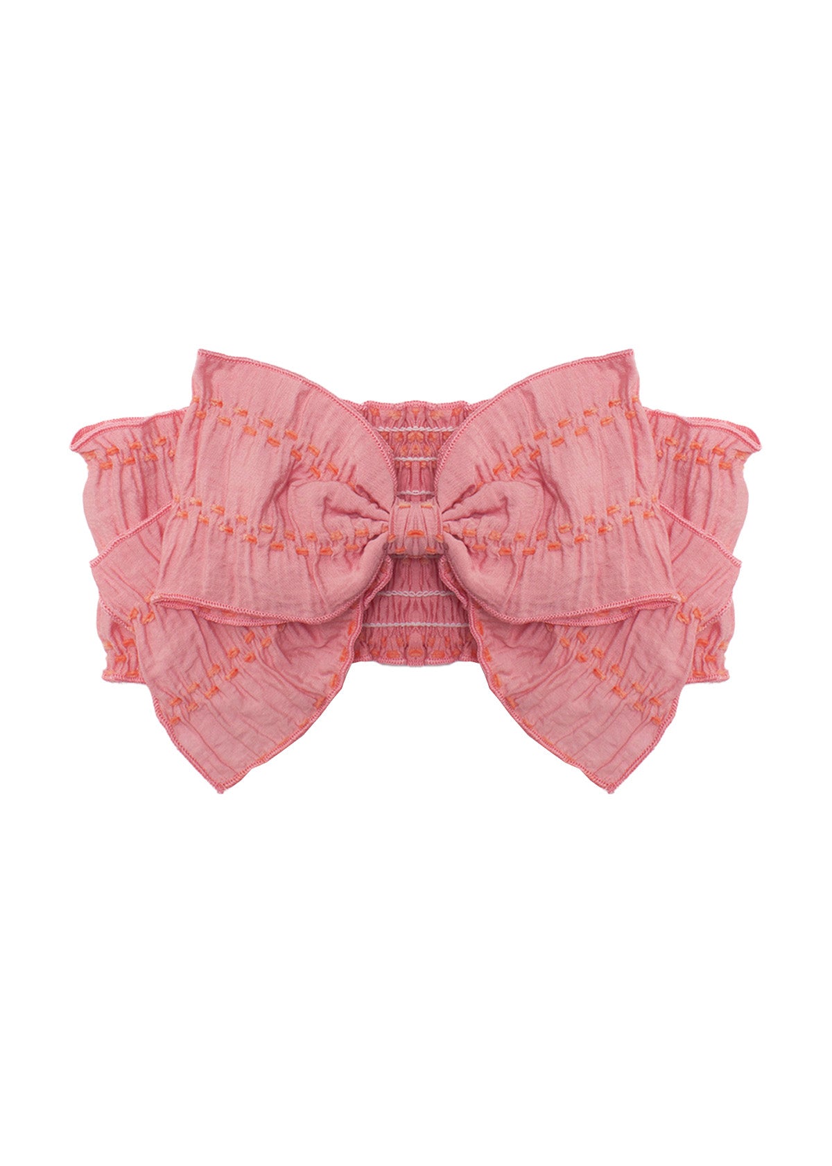 The Mabel and Honey Watermelon Lemonade Hair Accessory features a pink ruffled bow with layered edges and visible stitching, perfect for girls, shown on a plain white background.