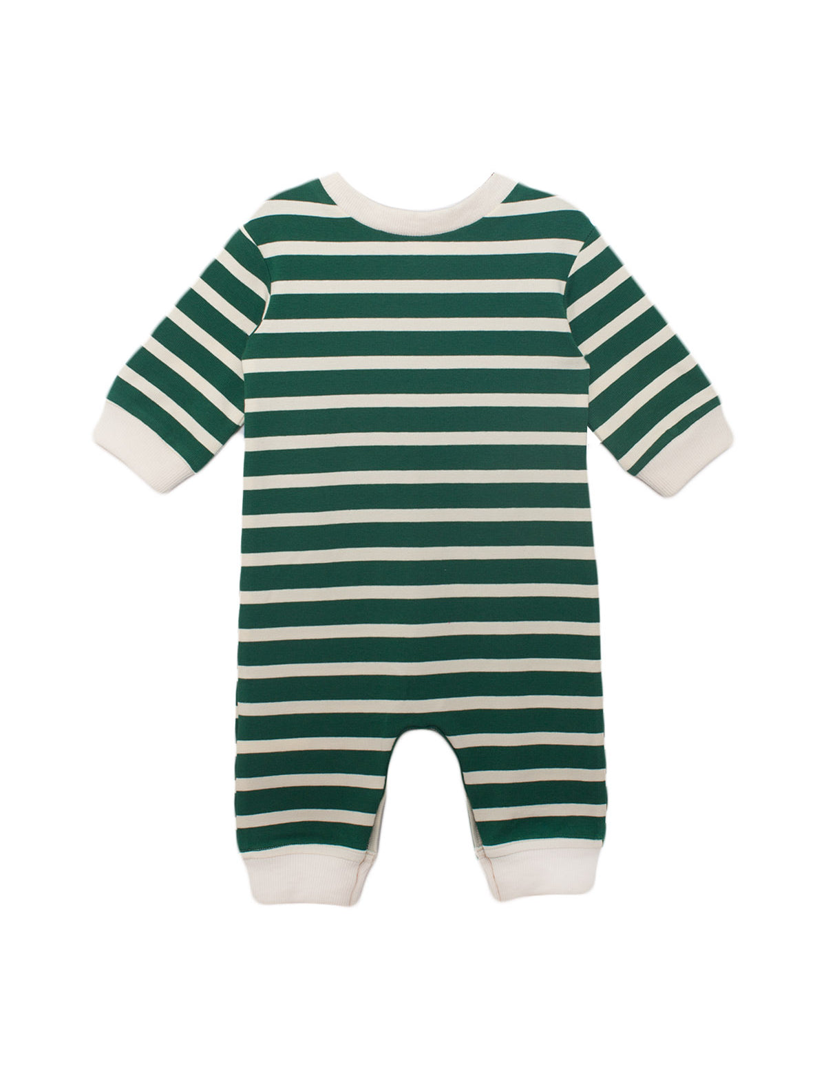 The Beckett and Bear Jackson Romper features green and white stripes with solid white cuffs, neckline, and ankles. This cozy, long-sleeve romper is shown laid flat on a white background.