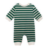 The Beckett and Bear Jackson Romper features green and white stripes with solid white cuffs, neckline, and ankles. This cozy, long-sleeve romper is shown laid flat on a white background.