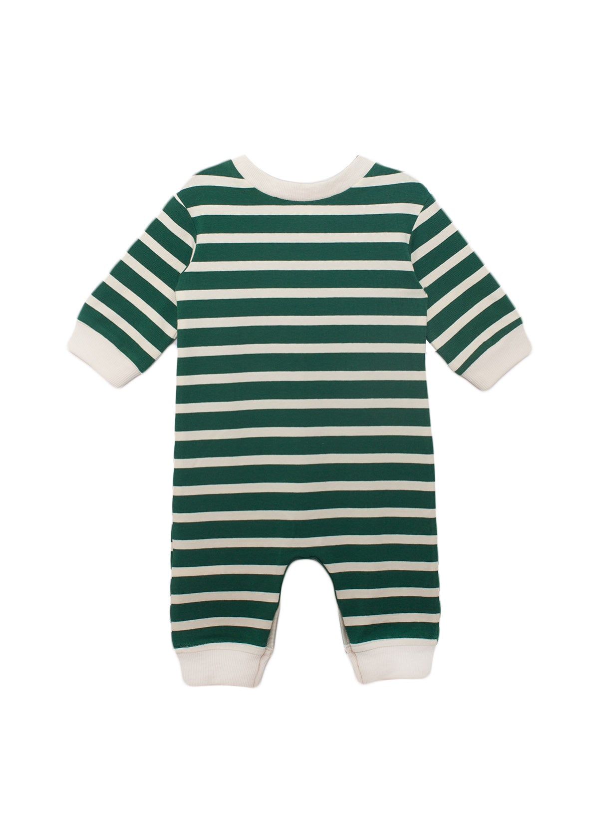 The Beckett and Bear Jackson Romper features green and white stripes with solid white cuffs, neckline, and ankles. This cozy, long-sleeve romper is shown laid flat on a white background.