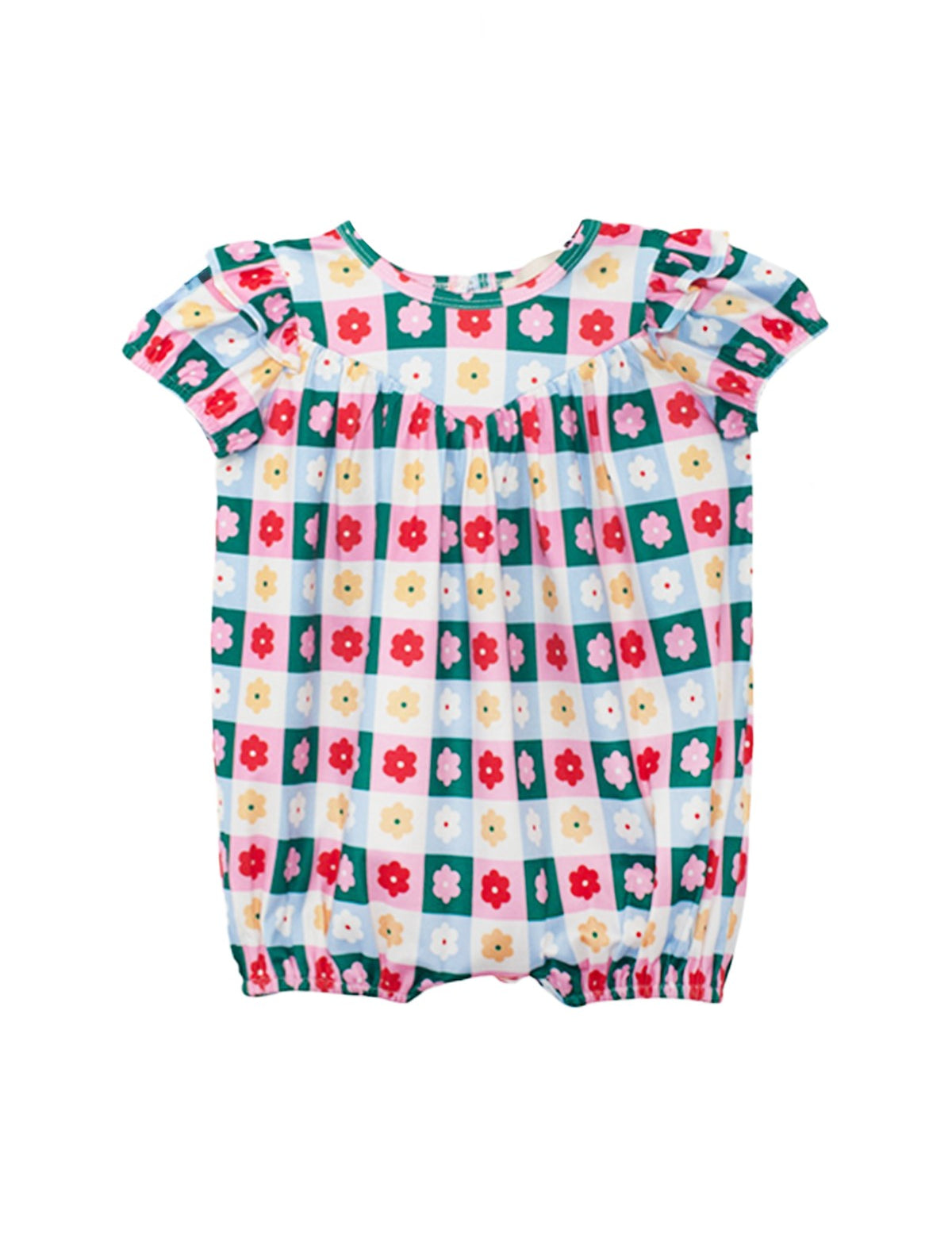 The Mabel and Honey Flower Pops Short Sleeve Romper features a colorful checkered pattern with red, yellow, and white flowers on teal and light blue squares, plus gathered sleeve and leg cuffs for a cute baby girl look.