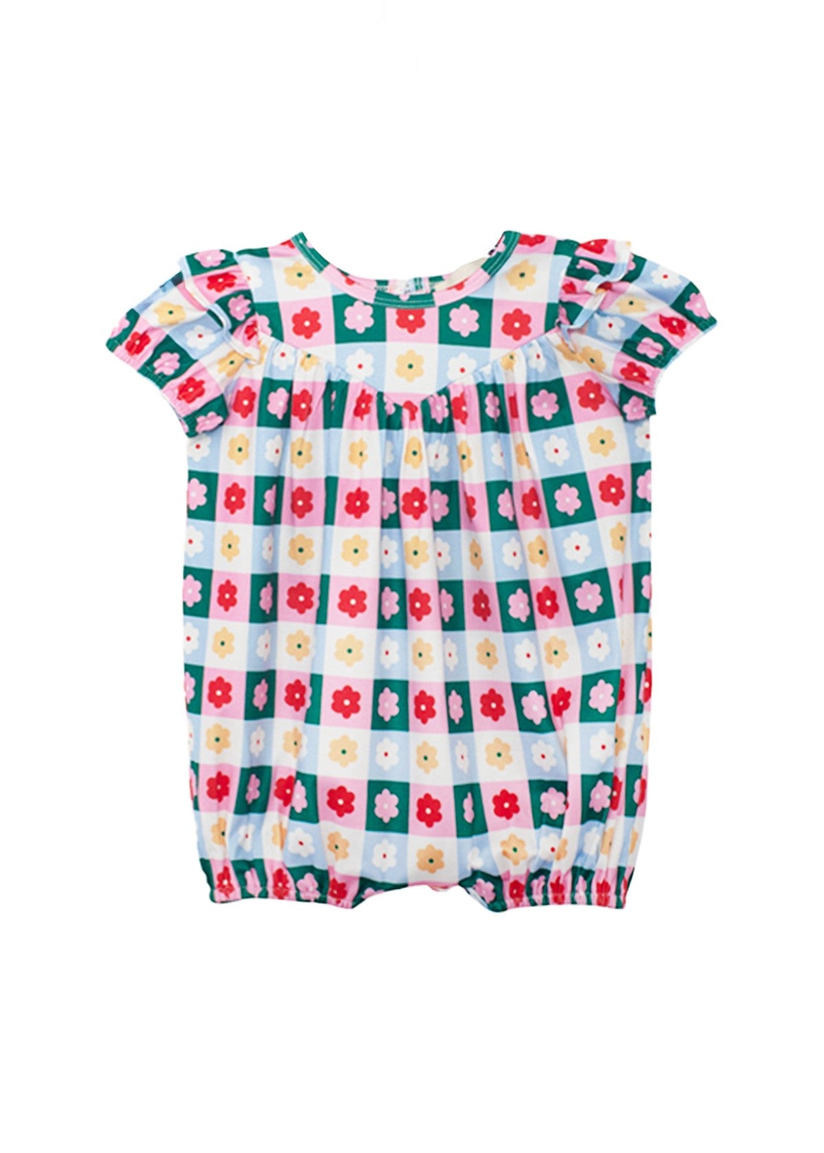 The Mabel and Honey Flower Pops Short Sleeve Romper features a colorful checkered pattern with red, yellow, and white flowers on teal and light blue squares, plus gathered sleeve and leg cuffs for a cute baby girl look.