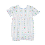 The Blooms and Bows Short Gathered Ruffle Sleeve Romper by Mabel and Honey features blue vertical stripes, pink floral motifs, puffed sleeves, and elastic leg openings for a comfortable vintage-inspired look.