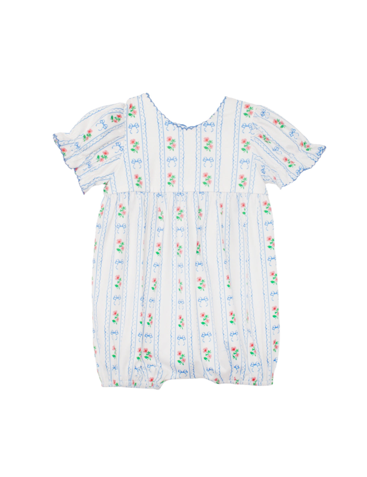 The Blooms and Bows Short Gathered Ruffle Sleeve Romper by Mabel and Honey features blue vertical stripes, pink floral motifs, puffed sleeves, and elastic leg openings for a comfortable vintage-inspired look.