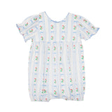 The Blooms and Bows Short Gathered Ruffle Sleeve Romper by Mabel and Honey features blue vertical stripes, pink floral motifs, puffed sleeves, and elastic leg openings for a comfortable vintage-inspired look.