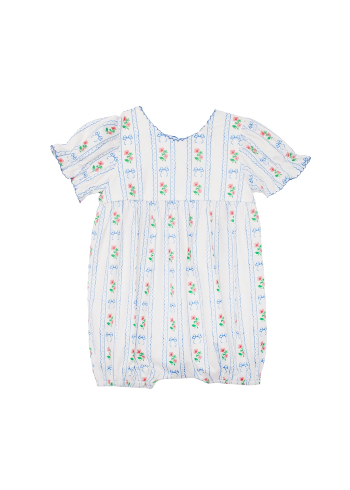 The Blooms and Bows Short Gathered Ruffle Sleeve Romper by Mabel and Honey features blue vertical stripes, pink floral motifs, puffed sleeves, and elastic leg openings for a comfortable vintage-inspired look.
