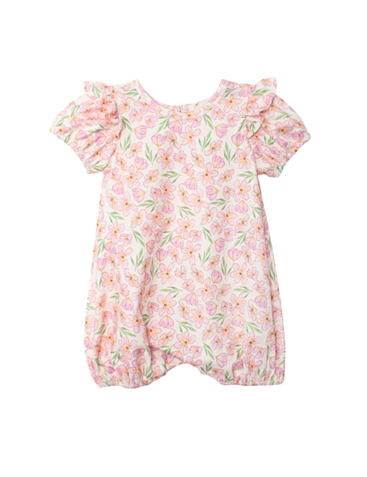 The Mabel and Honey Wild Savanna Short Gathered Sleeve Romper has ruffled sleeves, a pink, yellow, and green floral print on white, elastic leg openings, and a round neckline for lightweight comfort and style.