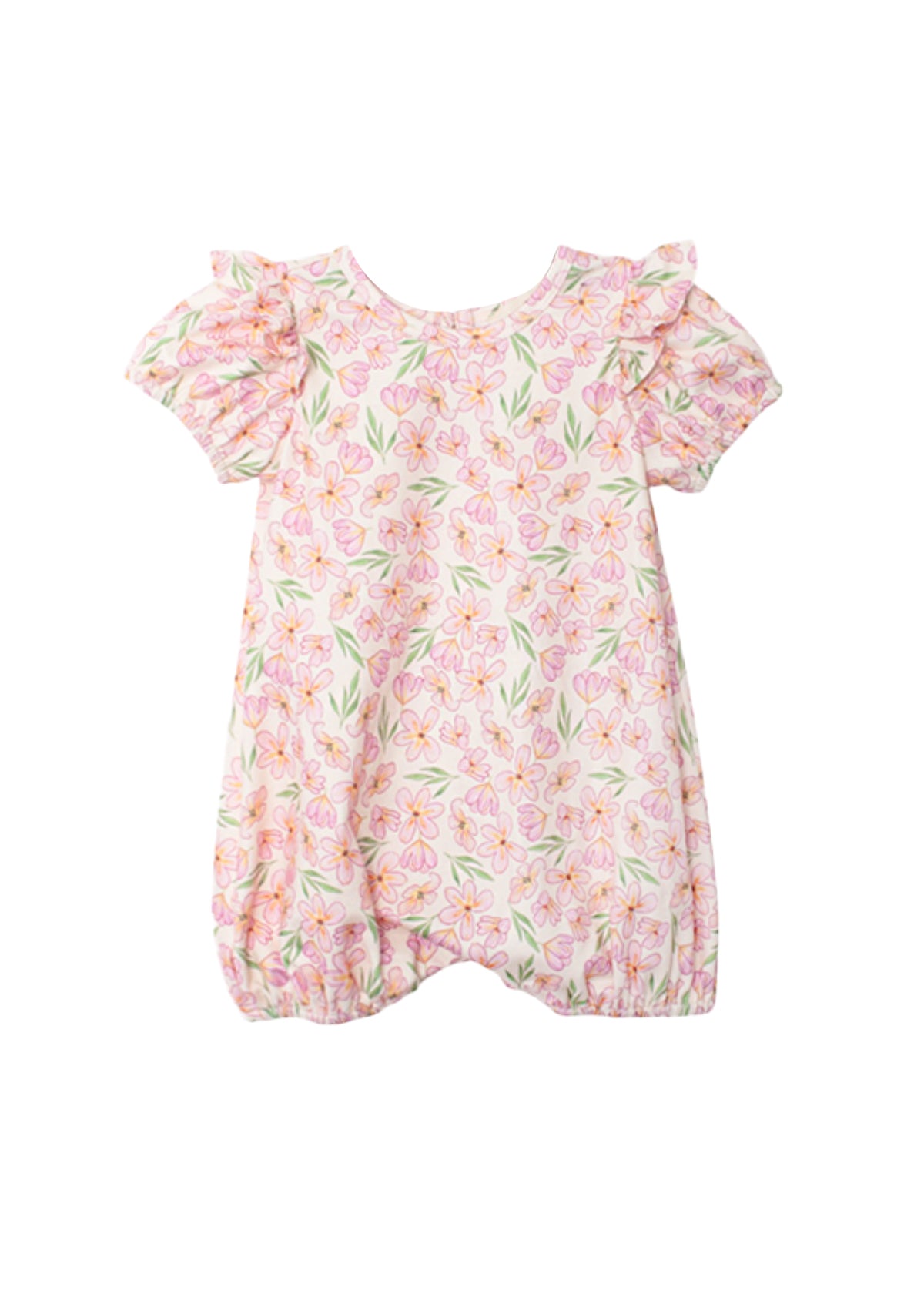The Mabel and Honey Wild Savanna Short Gathered Sleeve Romper has ruffled sleeves, a pink, yellow, and green floral print on white, elastic leg openings, and a round neckline for lightweight comfort and style.