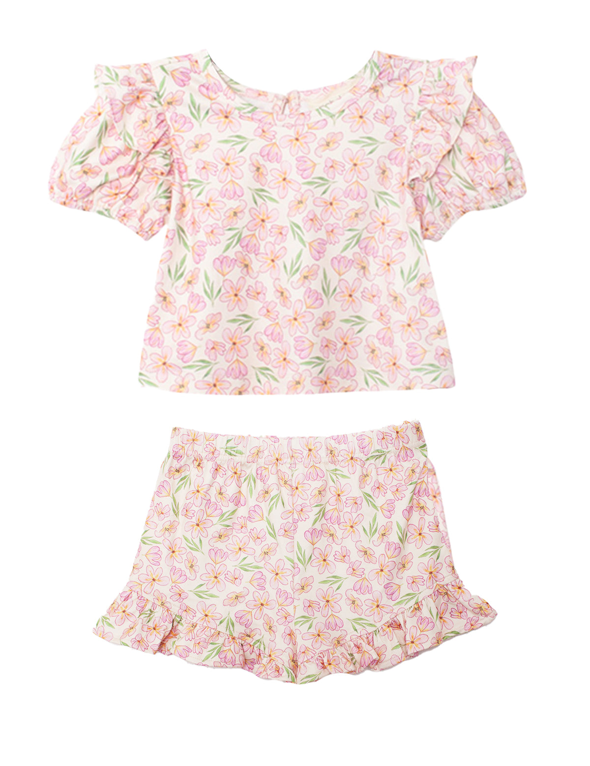 The Wild Savanna Short Gathered Sleeve Two Piece Set by Mabel and Honey features a pink, yellow, and green floral print with a ruffled short-sleeve top and matching elastic-waist shorts with ruffled hems.