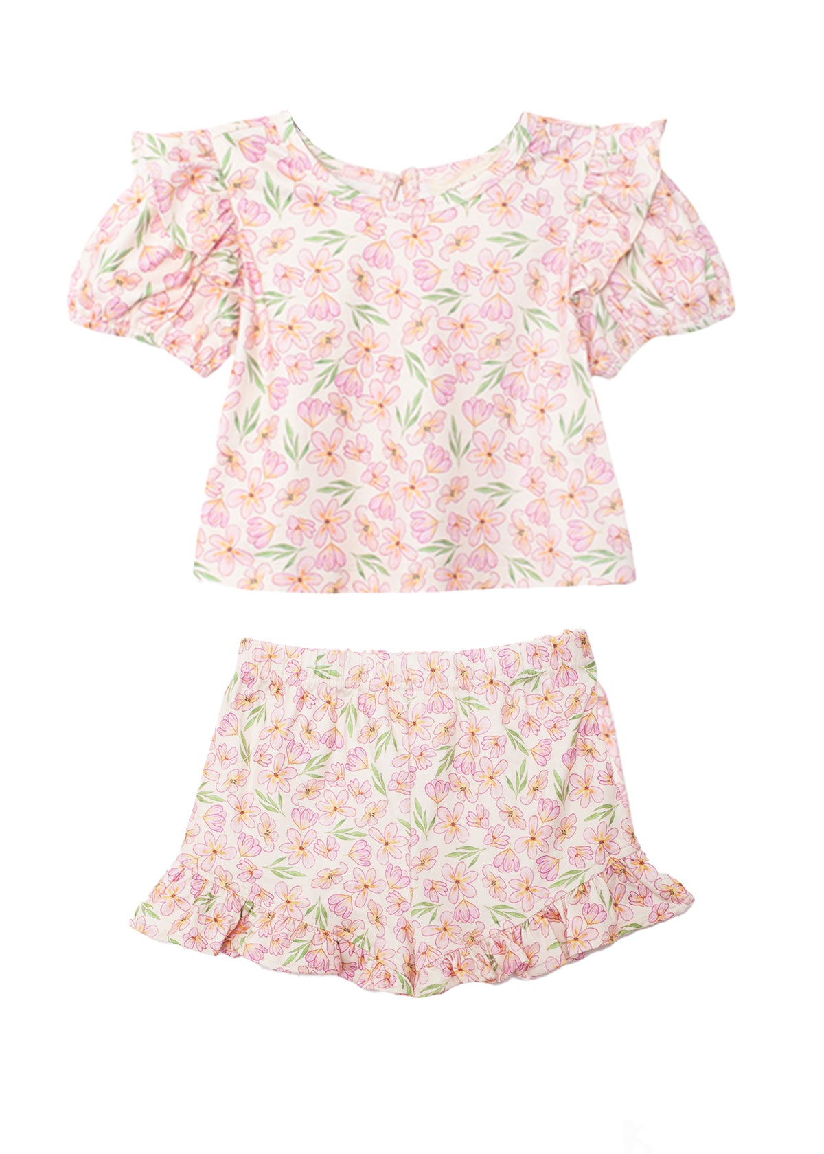 The Wild Savanna Short Gathered Sleeve Two Piece Set by Mabel and Honey features a pink, yellow, and green floral print with a ruffled short-sleeve top and matching elastic-waist shorts with ruffled hems.