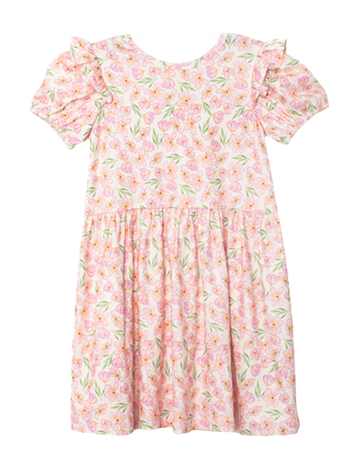 The Wild Savanna Short Gathered Sleeve Dress by Mabel and Honey is a lightweight, knee-length dress with ruffled sleeves, featuring a pink floral print with green leaves on a white background and a gathered waist.