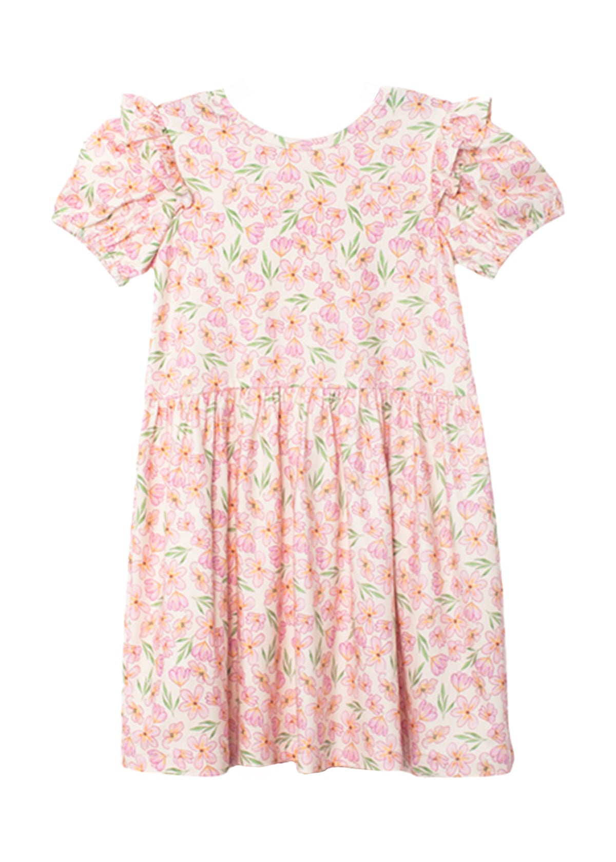 The Wild Savanna Short Gathered Sleeve Dress by Mabel and Honey is a lightweight, knee-length dress with ruffled sleeves, featuring a pink floral print with green leaves on a white background and a gathered waist.