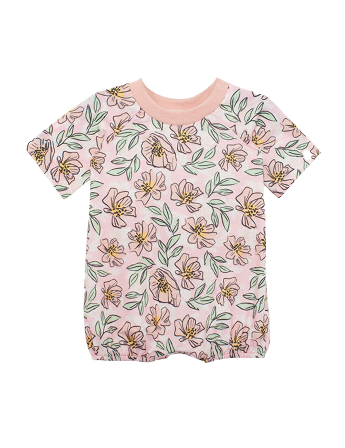 The Quinn Short Sleeve Romper by Mabel and Honey features a light pink background with yellow and pink flowers, green leaves, a pink collar, and elastic leg openings for comfort. Breathable and perfect for your baby.
