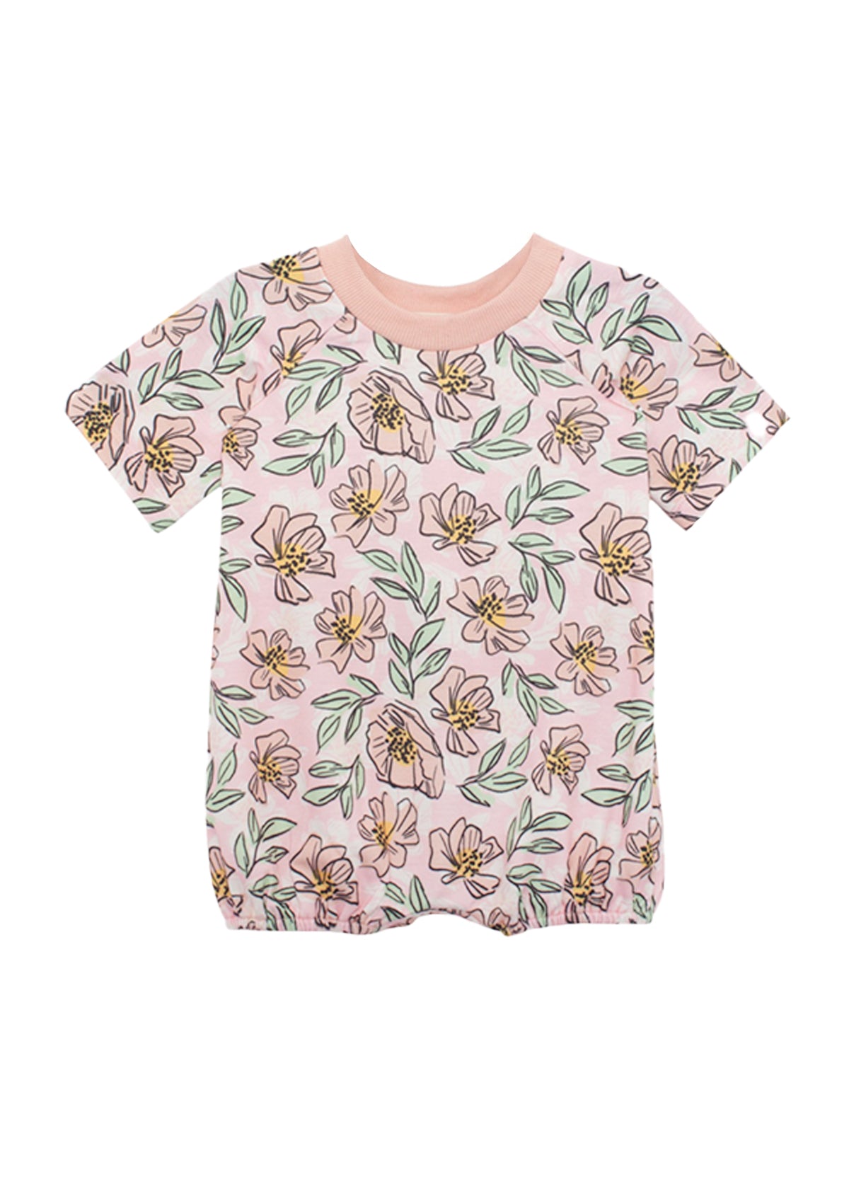 The Quinn Short Sleeve Romper by Mabel and Honey features a light pink background with yellow and pink flowers, green leaves, a pink collar, and elastic leg openings for comfort. Breathable and perfect for your baby.