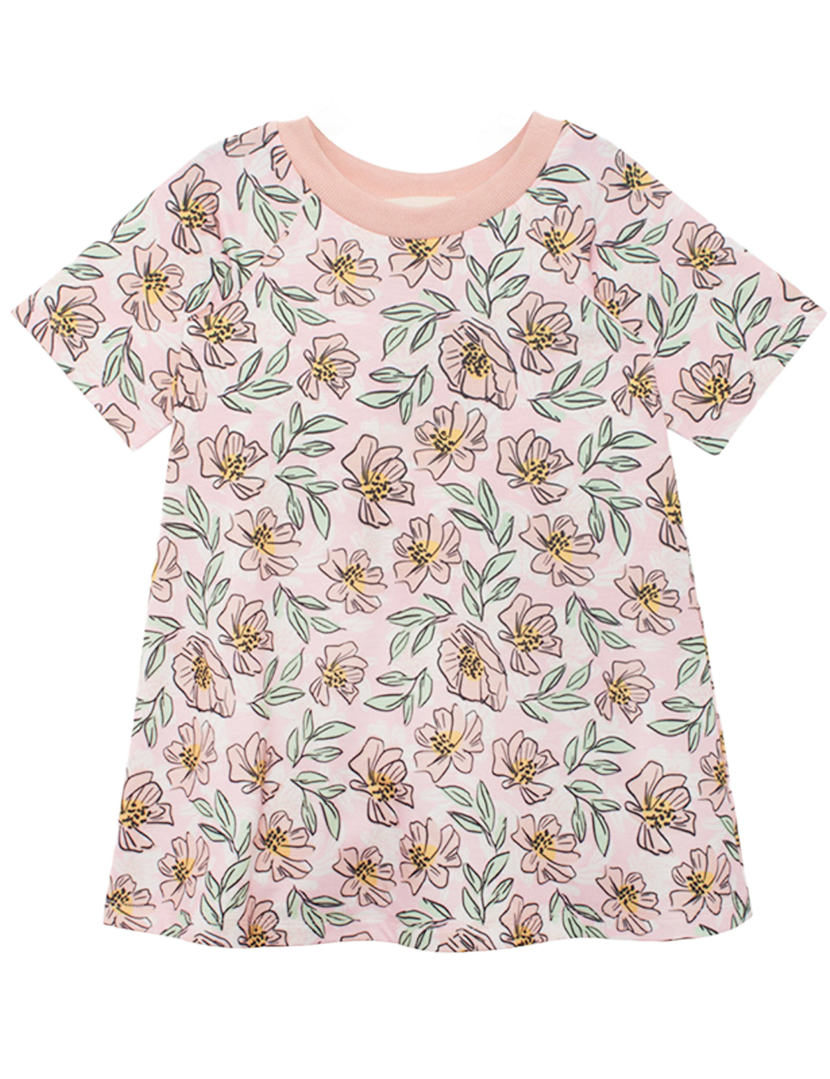 The Quinn Short Sleeve Dress by Mabel and Honey is a light pink, breathable dress with yellow and pink floral patterns, green leaves, and a solid collar—perfect for comfortable everyday wear.