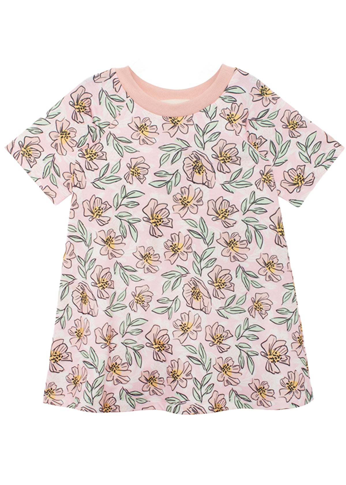 The Quinn Short Sleeve Dress by Mabel and Honey is a light pink, breathable dress with yellow and pink floral patterns, green leaves, and a solid collar—perfect for comfortable everyday wear.