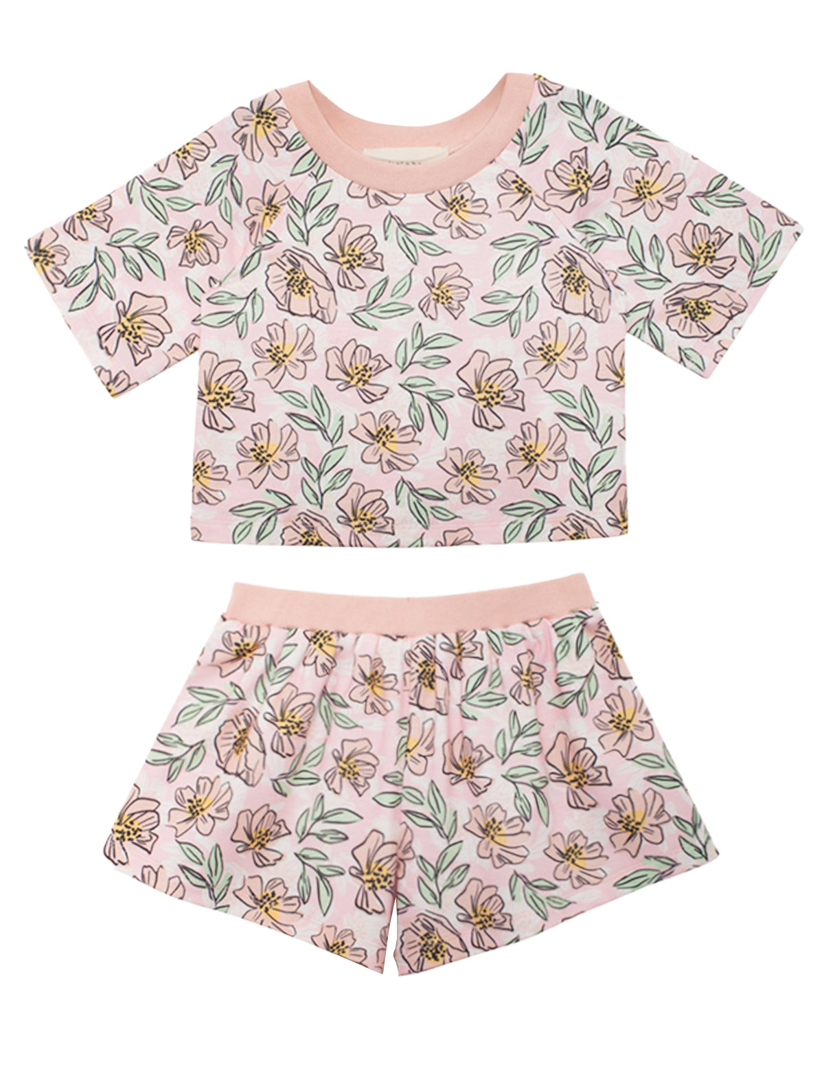 The Quinn Short Sleeve Two Piece Set by Mabel and Honey features a pink floral cropped top and shorts with yellow and green accents—an airy, stylish outfit for girls, perfect for summer nights.
