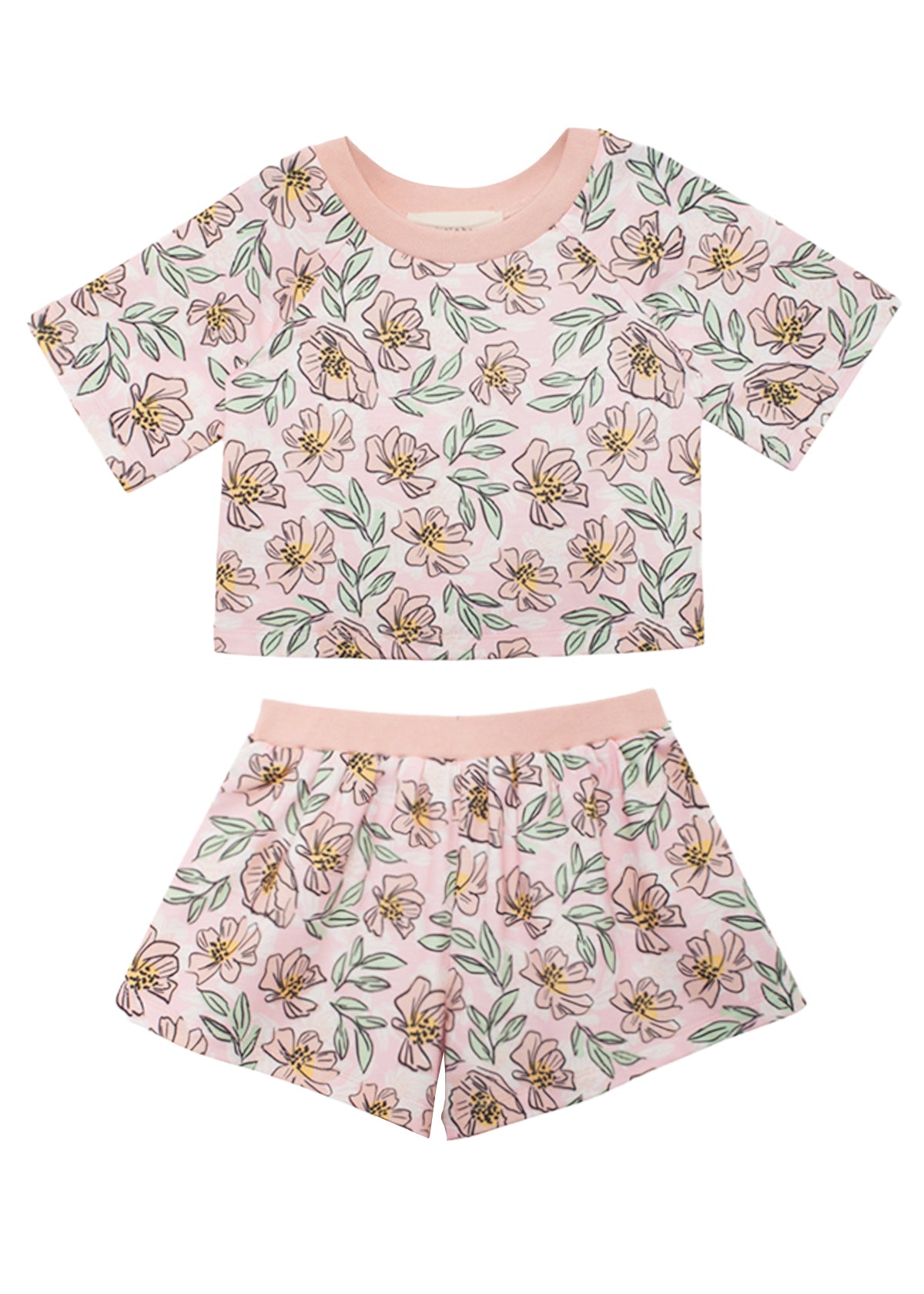 The Quinn Short Sleeve Two Piece Set by Mabel and Honey features a pink floral cropped top and shorts with yellow and green accents—an airy, stylish outfit for girls, perfect for summer nights.