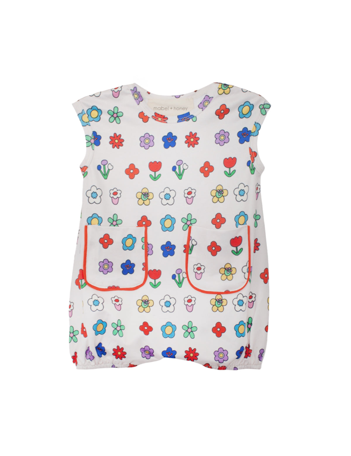 The Mabel and Honey Little Garden Parade Cap Sleeve Romper features playful colorful floral prints, two red-outlined front pockets, a comfy elastic hem, and is perfect for everyday wear.