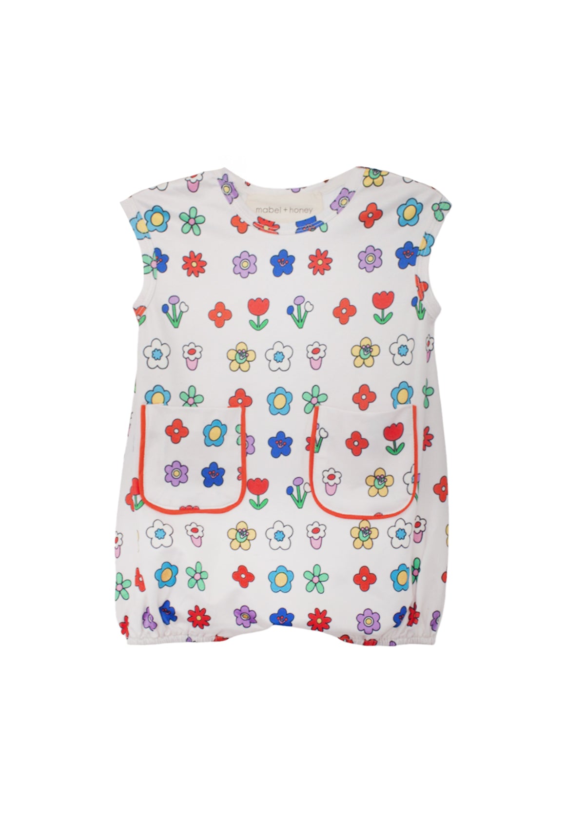 The Mabel and Honey Little Garden Parade Cap Sleeve Romper features playful colorful floral prints, two red-outlined front pockets, a comfy elastic hem, and is perfect for everyday wear.