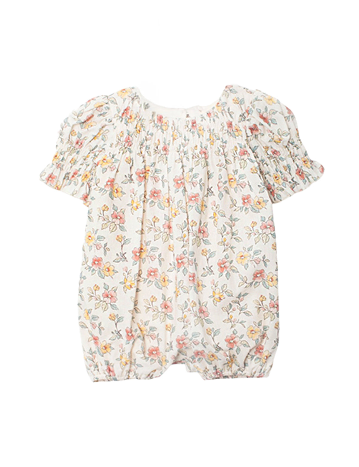 The Mabel and Honey Audrey Flutter Sleeve Romper is a white baby romper with short puff sleeves, elastic leg openings, and a charming pink, yellow, and green floral pattern for comfort and style.