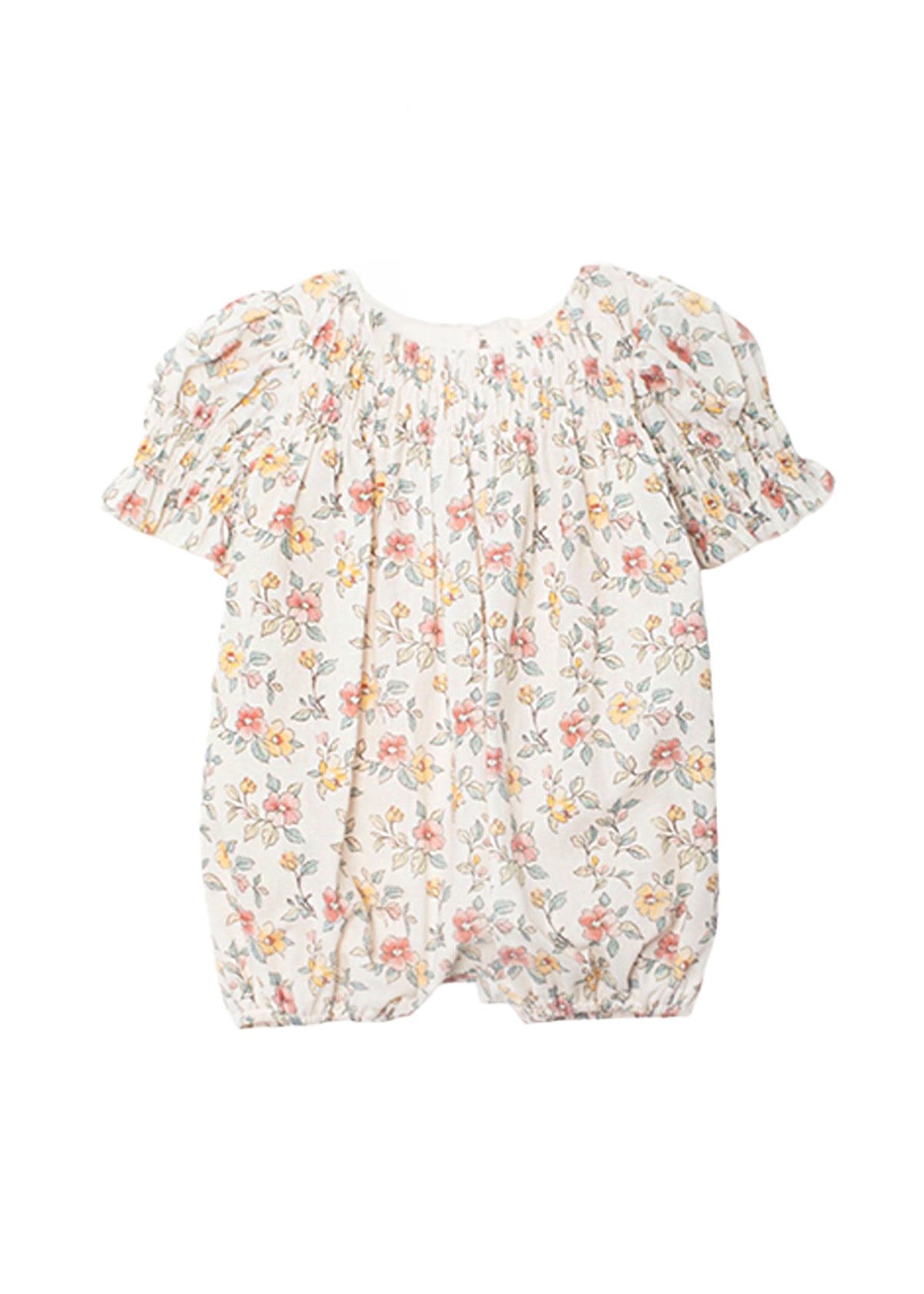 The Mabel and Honey Audrey Flutter Sleeve Romper is a white baby romper with short puff sleeves, elastic leg openings, and a charming pink, yellow, and green floral pattern for comfort and style.