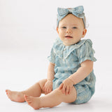 A baby wears the Mabel and Honey Delicate Blue Short Sleeve Romper with white embroidery and a matching headband, sitting on a white background and smiling slightly.