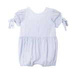 The Mabel and Honey Darling Bluebell Short Sleeve Romper features light blue and white stripes, short puff sleeves with small bows, and a gathered waist for a charming baby look.