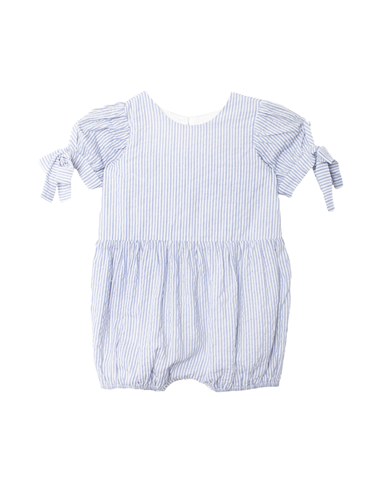 The Mabel and Honey Darling Bluebell Short Sleeve Romper features light blue and white stripes, short puff sleeves with small bows, and a gathered waist for a charming baby look.