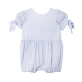 The Mabel and Honey Darling Bluebell Short Sleeve Romper features light blue and white stripes, short puff sleeves with small bows, and a gathered waist for a charming baby look.
