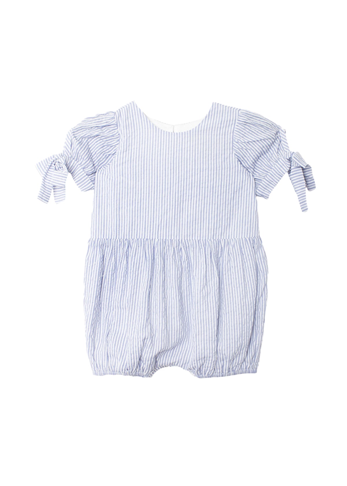 The Mabel and Honey Darling Bluebell Short Sleeve Romper features light blue and white stripes, short puff sleeves with small bows, and a gathered waist for a charming baby look.