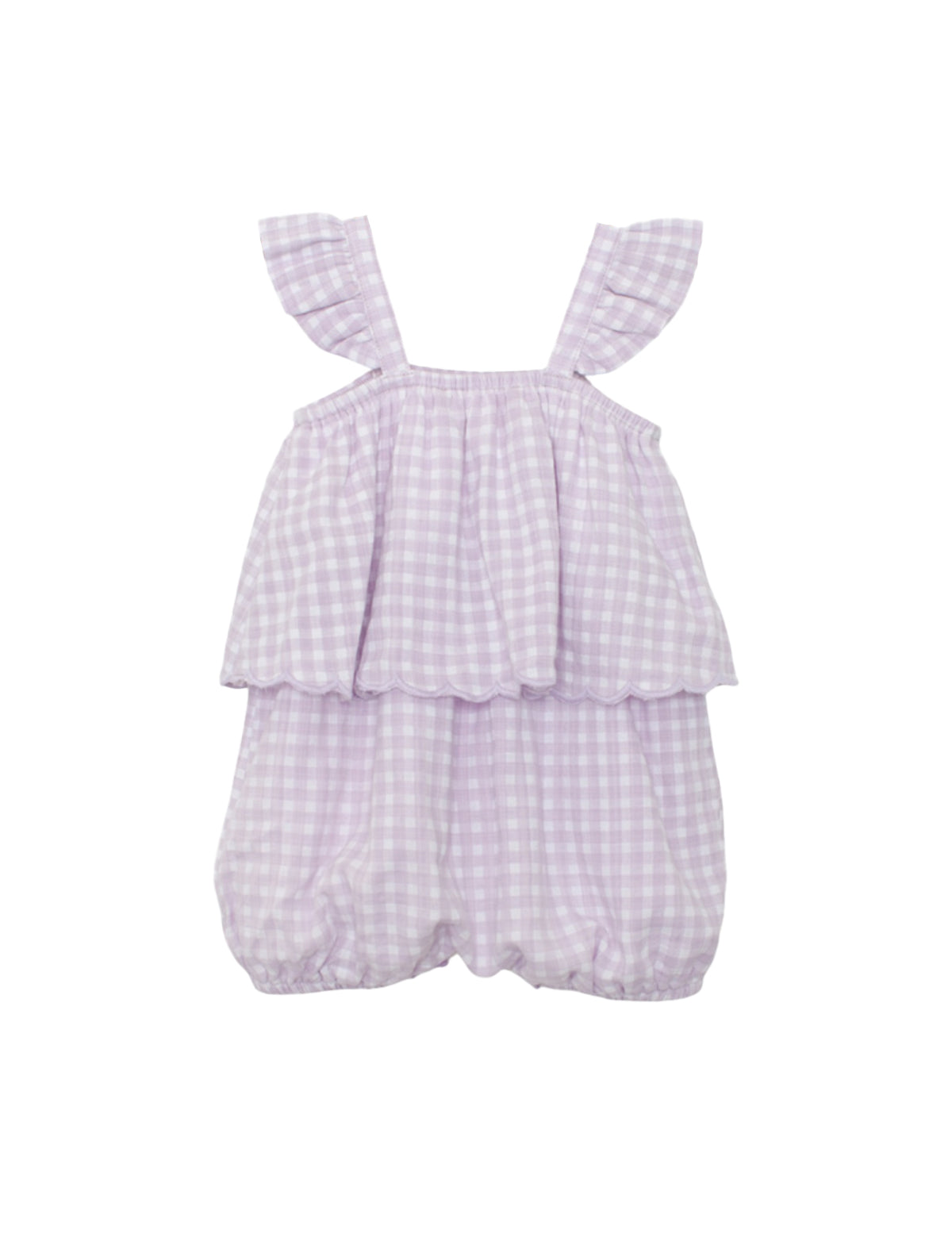 The Mabel and Honey Sugar Plum Sleeveless Romper is a bubble fit romper for baby girls, featuring ruffled straps, an overlay top, and a light lavender gingham pattern with elasticized leg openings for comfort.